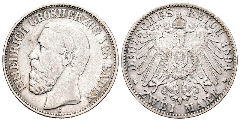 Alemania. Baden. Friedrich I. 2 marcos. 1894. G. (Km-269). Ag. 10,90 g. Escasa. ...