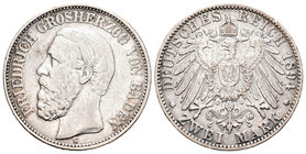 Alemania. Baden. Friedrich I. 2 marcos. 1894. G. (Km-269). Ag. 10,90 g. Escasa. BC+. Est...40,00.