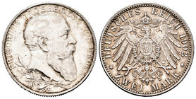 Alemania. Baden. Friedrich I. 2 marcos. 1902. (Km-251). Ag. 11,09 g. 50º Aniversario del reinado. EBC+. Est...45,00.