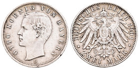 Alemania. Bavaria. Otto I. 2 marcos. 1901. Munich. D. (Km-913). Ag. 11,08 g. MBC/MBC+. Est...25,00.