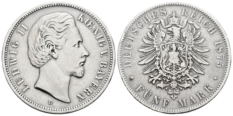 Alemania. Bavaria. Luis II. 5 marcos. 1875. Munich. D. (Km-896). Ag. 27,38 g. Li...