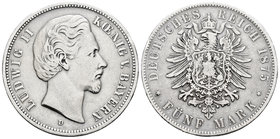 Alemania. Bavaria. Luis II. 5 marcos. 1875. Munich. D. (Km-896). Ag. 27,38 g. Ligeramente limpiada. MBC-. Est...40,00.
