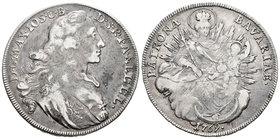Alemania. Bavaria. Maximiliano III. 1 thaler. 1769. (Km-234.1). Ag. 27,74 g. Rayas de ajuste en reverso. BC+. Est...45,00.