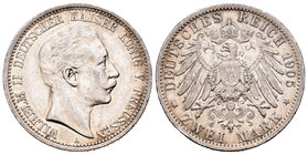 Alemania. Prussia. Wilhelm II. 2 marcos. 1905. Berlín. A. (Km-522). Ag. 11,07 g. EBC-/EBC. Est...30,00.