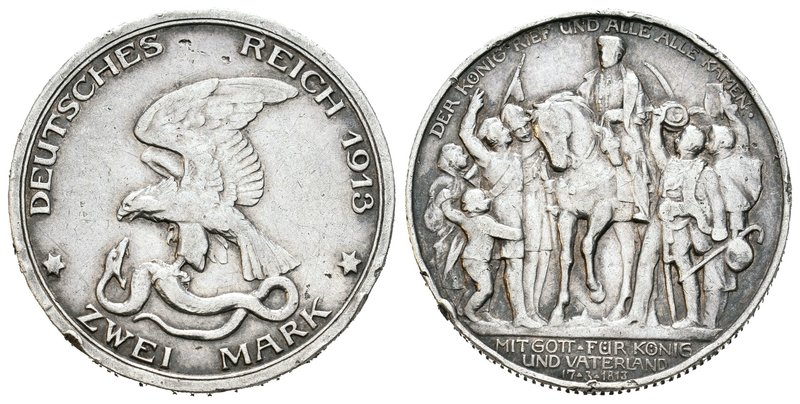 Alemania. Prussia. Wilhelm II. 2 marcos. 1913. (Km-532). Ag. 10,99 g. Centenario...
