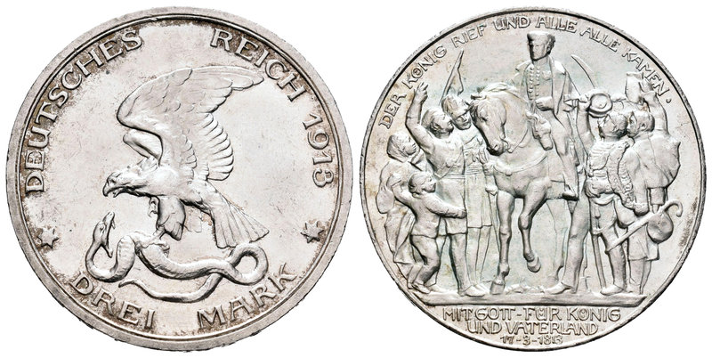Alemania. Prussia. Wilhelm II. 3 marcos. 1913. (Km-534). Ag. 16,64 g. Centenario...