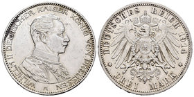 Alemania. Prussia. Wilhelm II. 3 marcos. 1914. Berlín. A. (Km-538). Ag. 16,64 g. Golpecitos. EBC-/EBC. Est...25,00.