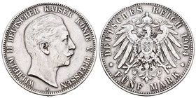 Alemania. Prussia. Wilhelm II. 5 marcos. 1904. Berlín. A. (Km-523). (Dav-789). Ag. 27,59 g. MBC-. Est...30,00.