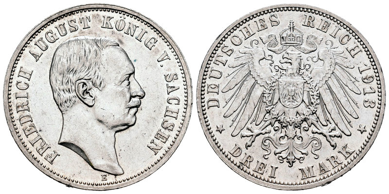 Alemania. Saxony. Federico Augusto III. 3 marcos. 1913. Muldenhutten. E. (Km-267...