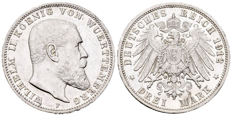Alemania. Wurttemberg. Wilhelm II. 3 marcos. 1912. Frankfurt. F. (Km-635). Ag. 1...