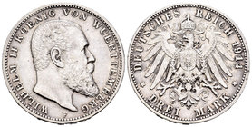 Alemania. Wurttemberg. Wilhelm II. 3 marcos. 1914. Frankfurt. F. (Km-635). Ag. 16,59 g. MBC+. Est...35,00.