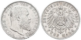 Alemania. Wurttemberg. Wilhelm II. 5 marcos. 1902. Freudenstadt. F. (Km-632). Ag. 27,62 g. Golpecitos en el canto. MBC-/MBC. Est...45,00.