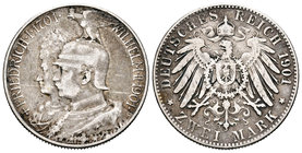 Alemania. 2 marcos. 1901. (Km-525). Ag. 10,93 g. 200º Aniversario del reinado de Prusia. BC+. Est...12,00.