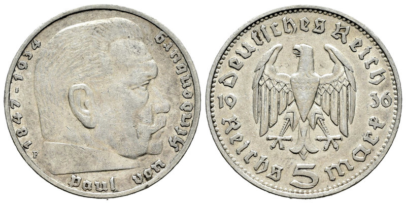 Alemania. 5 reichsmark. 1936. Stuttgart. F. (Km-86). Ag. 13,69 g. EBC. Est...20,...