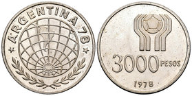 Argentina. 3000 pesos. 1978. (Km-80). Ag. 24,81 g. Mundial de fútbol Argentina 1978. SC. Est...25,00.