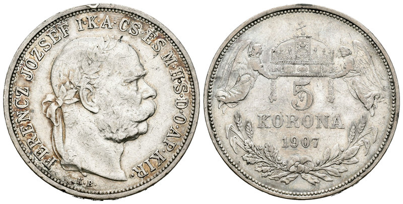 Austria. Franz Joseph I. 5 coronas. 1907. (Km-488). Ag. 23,90 g. Golpe en canto....