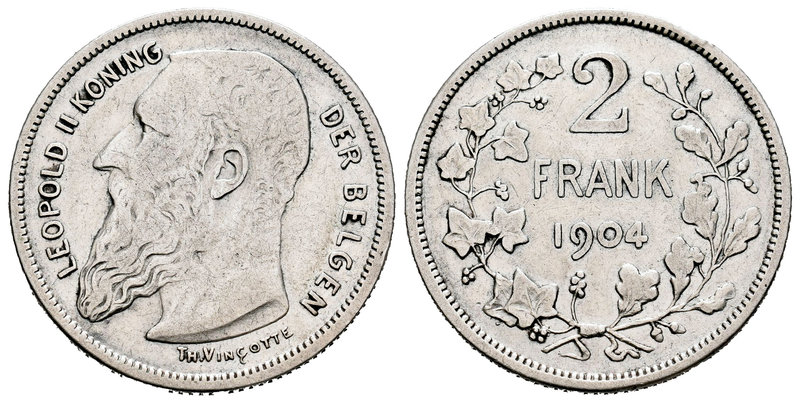 Bélgica. Leopoldo II. 2 francos. 1904. (Km-59). Ag. 9,89 g. Escasa. MBC. Est...2...