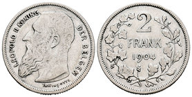 Bélgica. Leopoldo II. 2 francos. 1904. (Km-59). Ag. 9,89 g. Escasa. MBC. Est...25,00.
