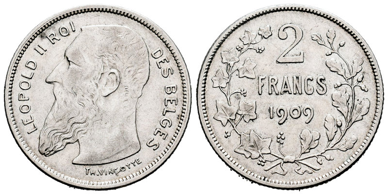 Bélgica. Leopoldo II. 2 francos. 1909. (Km-59). Ag. 9,93 g. MBC+/EBC-. Est...30,...