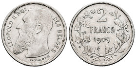 Bélgica. Leopoldo II. 2 francos. 1909. (Km-59). Ag. 9,93 g. MBC+/EBC-. Est...30,00.