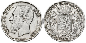 Bélgica. Leopoldo II. 5 francos. 1867. (Km-24). Ag. 24,69 g. MBC-. Est...20,00.