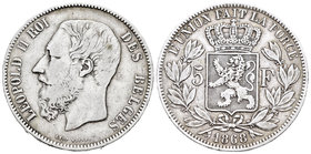 Bélgica. Leopoldo II. 5 francos. 1868. (Km-24). Ag. 24,68 g. MBC-. Est...20,00.