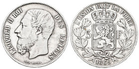 Bélgica. Leopoldo II. 5 francos. 1869. (Km-24). Ag. 24,75 g. MBC-. Est...20,00.