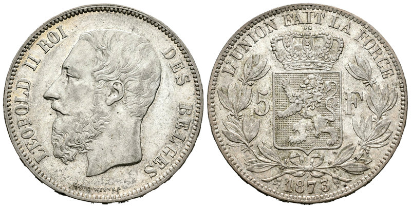Bélgica. Leopoldo II. 5 francos. 1873. (Km-24). Ag. 24,95 g. Marquitas. EBC. Est...