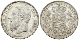 Bélgica. Leopoldo II. 5 francos. 1873. (Km-24). Ag. 24,95 g. Marquitas. EBC. Est...30,00.