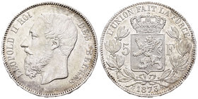 Bélgica. Leopoldo II. 5 francos. 1873. (Km-24). Ag. 24,95 g. Rayas en anverso. EBC-. Est...40,00.