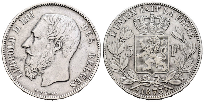 Bélgica. Leopoldo II. 5 francos. 1873. (Km-24). Ag. 24,73 g. Limpiada. MBC+. Est...