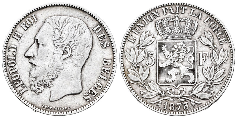 Bélgica. Leopoldo II. 5 francos. 1873. (Km-24). Ag. 24,70 g. MBC. Est...20,00.
