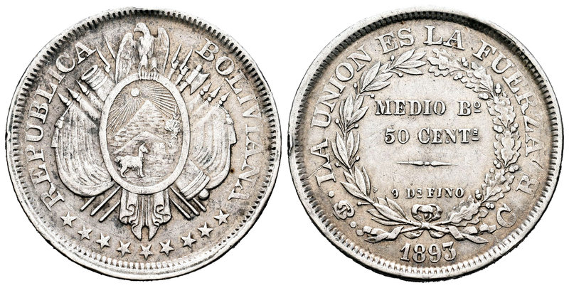 Bolivia. 50 centavos. 1893. Potosí. CB. (Km-161.5). Ag. 11,44 g. Golpes. MBC-. E...