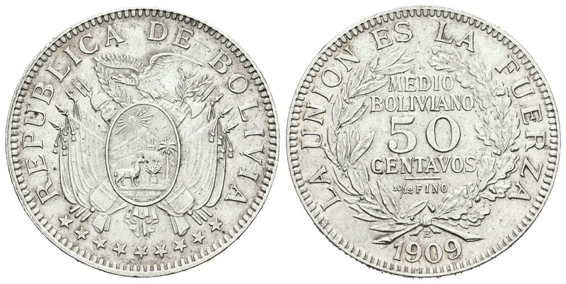 Bolivia. 50 centavos. 1909. Heaton. H. (Km-177). Ag. 9,97 g. EBC. Est...35,00.