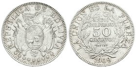 Bolivia. 50 centavos. 1909. Heaton. H. (Km-177). Ag. 9,97 g. EBC. Est...35,00.