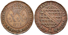 Brasil. María I y Pedro III. 20 reis. 1778. Lisboa. (Km-203). Ae. 14,41 g. Golpes en canto. BC+/MBC-. Est...15,00.