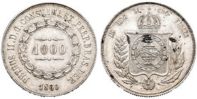Brasil. Pedro II. 1000 reis. 1860. (Km-465). Ag. 12,69 g. Manchas. EBC. Est...35,00.