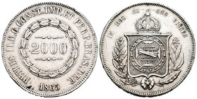 Brasil. Pedro II. 2000 reis. 1865. (Km-466). Ag. 25,41 g. Golpes en el canto. MBC+. Est...30,00.