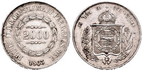 Brasil. Pedro II. 2000 reis. 1866. (Km-466). Ag. 25,28 g. Golpecito en canto. MBC+. Est...35,00.