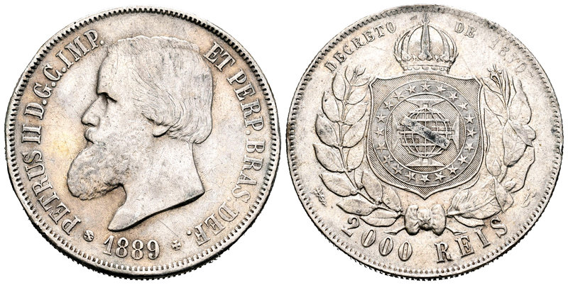 Brasil. Pedro II. 2000 reis. 1889. (Km-485). Ag. 25,30 g. Golpecitos. MBC/MBC+. ...