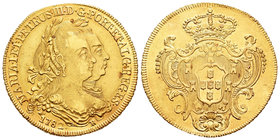 Brasil. Pedro III y María I. 6400 reis (peça). 1782. Río de Janeiro. R. (Km-199.2). (Gomes-30.12). (Fr-76). Au. 14,32 g. Con punto al final de la leye...