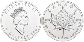 Canadá. Elizabeth II. 5 dollar. 1993. (Km-187). Ag. 31,46 g. SC. Est...30,00.