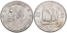 China. Sun Yat-sen. 1 yuan. 1934 (año 23). (Km-Y345). Ag. 26,65 g. Brillo original. EBC+. Est...180,00.