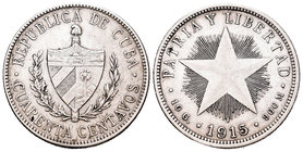 Cuba. 40 centavos. 1915. (Km-14). Ag. 9,94 g. Pequeñas rayas. MBC+. Est...25,00.