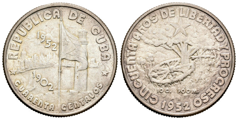 Cuba. 40 centavos. 1952. (Km-25). Ag. 10,02 g. 50 años de libertad y progreso. E...