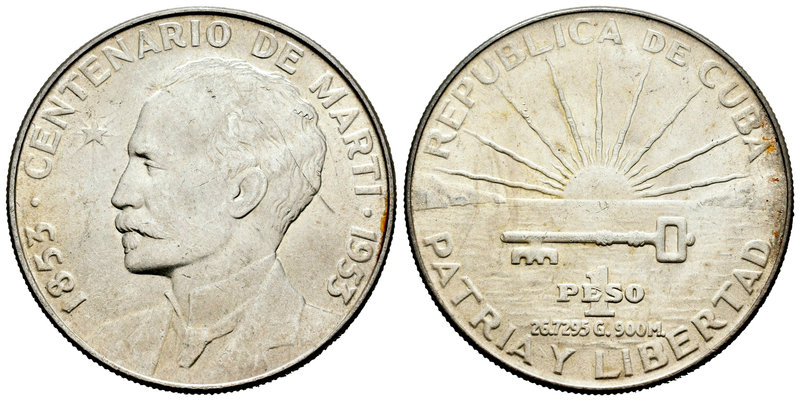 Cuba. 1 peso. 1953. (Km-29). Ag. 26,78 g. Centenario de José Marti. EBC+. Est......
