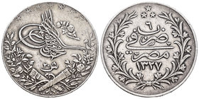 Egipto. 20 qirsh. 1327/2 H (1910). (Km-310). Ag. 27,80 g. MBC/MBC+. Est...50,00.