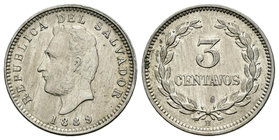 El Salvador. 3 centavos. 1889. Heaton. H. (Km-107). Cu-Ni. 3,93 g. EBC+. Est...20,00.