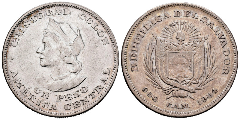 El Salvador. 1 peso. 1904. (Km-115.1). Ag. 24,85 g. Cristobal Colón. MBC+. Est.....