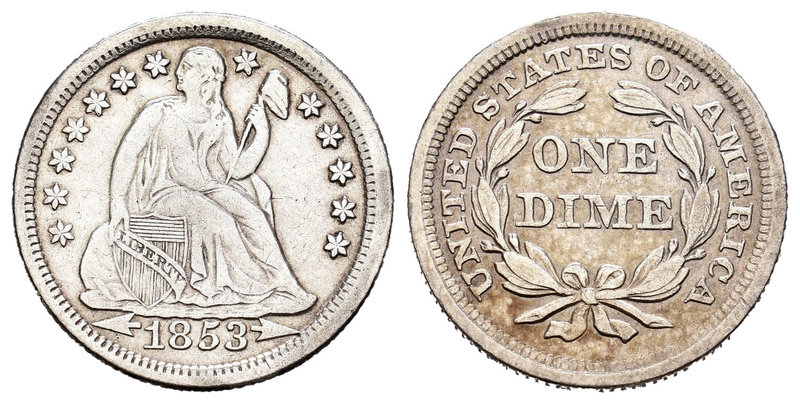 Estados Unidos. 1 dime. 1853. Philadelphia. (Km-77). Ag. 2,47 g. La fecha entre ...